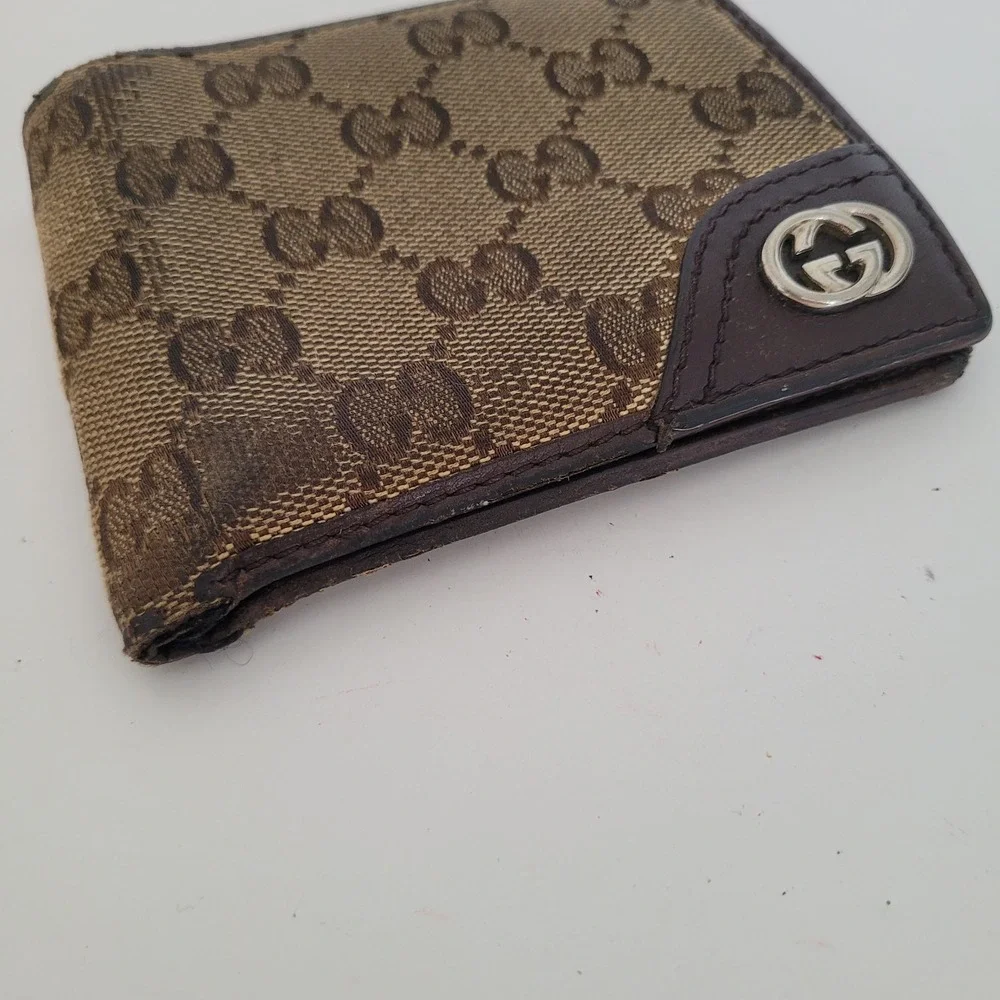 GUCCI GG Interlocking Men's Canvas Leather Card Bill Wallet Bifold Brown Designe